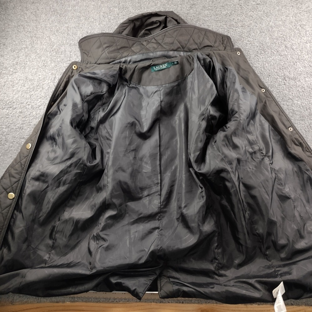 Lauren Ralph Lauren Black Quilted Hooded Barn Jacket Faux Leather Trim Womens L - Picture 4 of 7